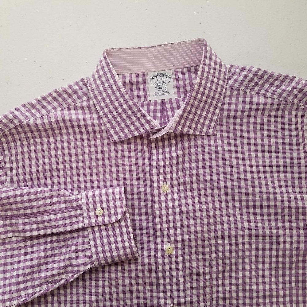 Brooks Brothers CLASSIC FIT Purple Plaid Dress Shirt Mens Size 17-36